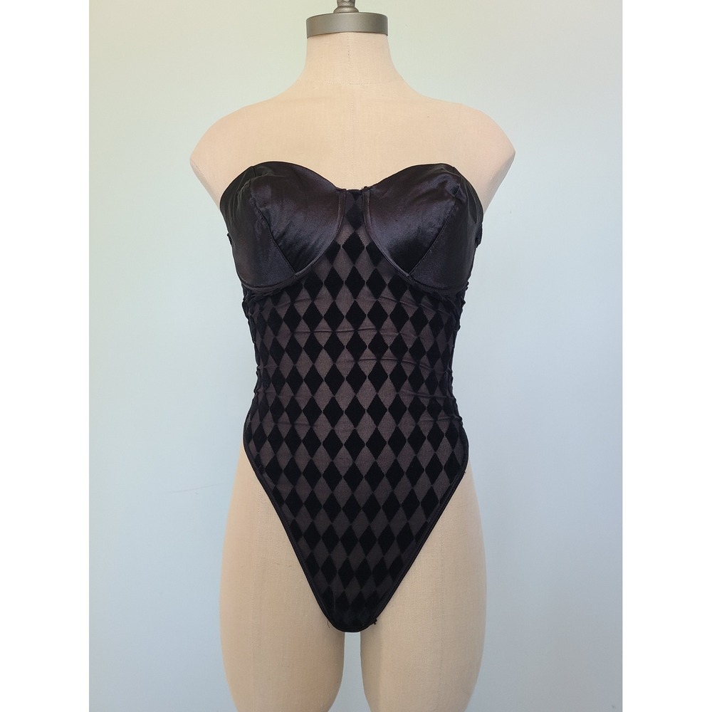 RARE Victoria's Secret Sz 34C Teddy Bodysuit Harlequin Diamond Velour Y2K Circus